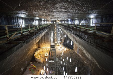 TURDA, ROMANIA - SEPTEMBER 15, 2016. Underground salt mine in Turda ,popular attraction for many tourists,Transylvania, Romania.