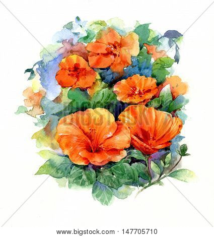 watercolor painting of leaves and flower on white background
