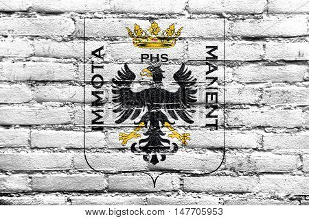 Flag Of L'aquila With Coat Of Arms, Italy, Painted On Brick Wall