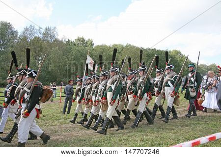 BORODINO RUSSIA - September 09.2009: Participants of reconstruction of the Borodino battle on the field. Free access to public presentation the reconstruction of the Battle of Borodino field in 1812 year