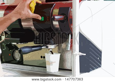 Barista prepares coffee in the coffee machine. Stylized tinted image.