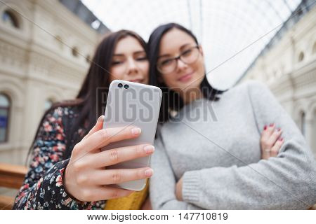 Girl Taking Selfie On Smart Mobile Phone With Dual Camera