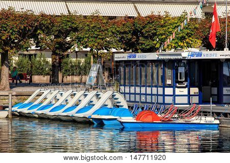 Rapperswil, Switzerland - September 12, 2016: boats at peer on Lake Zurich. Rapperswil  is a part of the municipality of Rapperswil-Jona in the Swiss canton of St. Gallen, located on the east side of Lake Zurich.