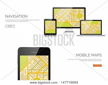 Vector illustration. Realistic laptop, tablet. Adaptive ui. Responcive web design.