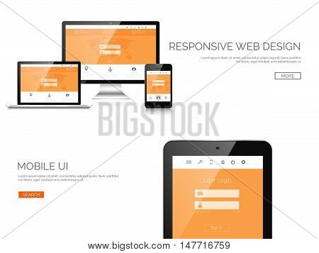 Vector illustration. Realistic laptop, tablet. Adaptive ui. Responcive web design.