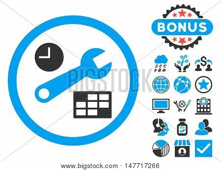 Date and Time Setup icon with bonus images. Vector illustration style is flat iconic bicolor symbols, blue and gray colors, white background.