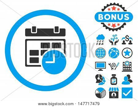 Date and Time icon with bonus design elements. Vector illustration style is flat iconic bicolor symbols, blue and gray colors, white background.