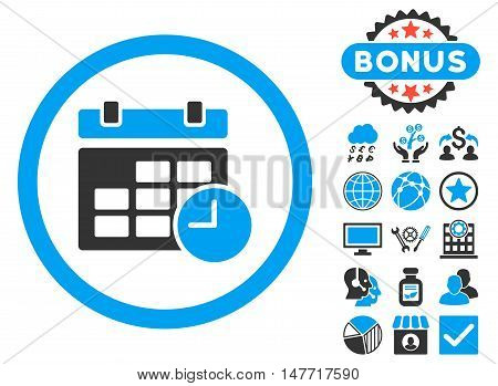 Date and Time icon with bonus images. Vector illustration style is flat iconic bicolor symbols, blue and gray colors, white background.