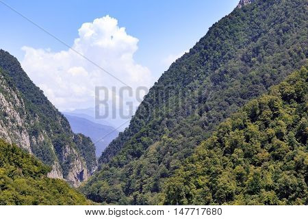 Mountain landscape: steep mountain slopes covered with forests form a deep gorge in the distance you can see mountain ridges with clouds over the tops.