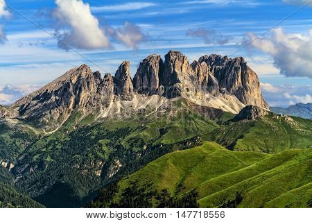 summer viiew of Sassolungo group from Fassa Valley Trentino Italy