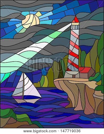 Illustration in stained glass style with the seascape lighthouse and sailboat on the background of the night sky and the sea