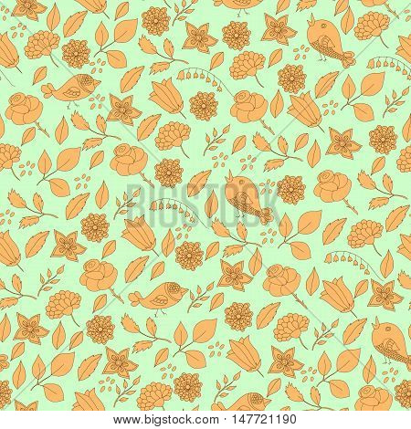 flower bird sing song leaves hand draw seamless pattern blue beige
