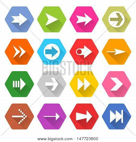 Flat arrow icon 16 set rounded hexagon web button on white background. Simple minimalistic mono long shadow style. Vector illustration internet design graphic element 10 eps