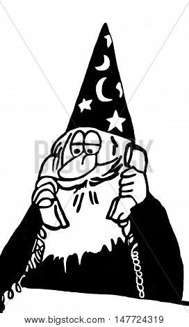 B&W business illustration showing a wizard with phones up to both ears.
