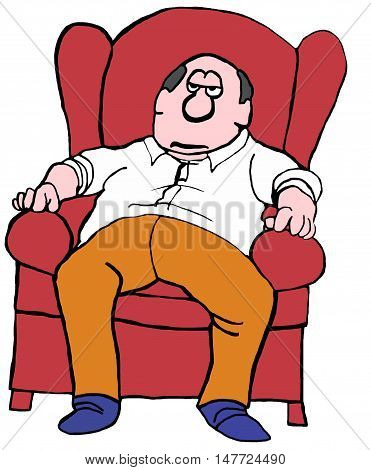 Color illustration of a tired man slumped down in a red chair.