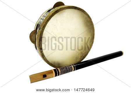 Traditional musical instument Djembe drum and flute isolated on white background