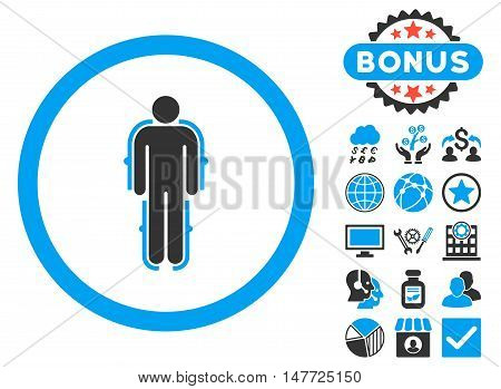 Exoskeleton icon with bonus images. Vector illustration style is flat iconic bicolor symbols blue and gray colors white background.