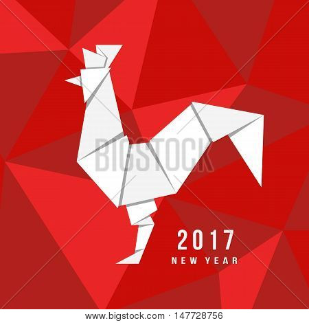 Chinese New Year of the Rooster 2017. Celebration greeting card, placard, banner, poster, flyer. Elegant festival vector template of white cock in origami geometric trendy style on red backdrop
