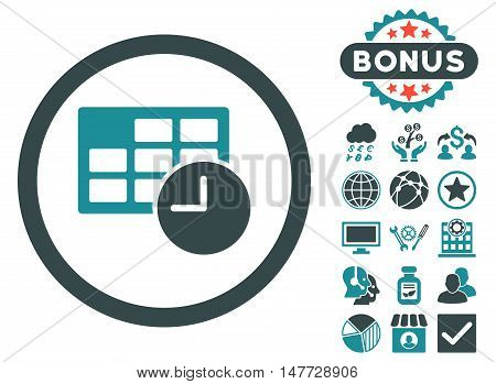Date and Time icon with bonus symbols. Vector illustration style is flat iconic bicolor symbols, soft blue colors, white background.