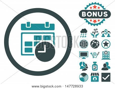 Date and Time icon with bonus pictogram. Vector illustration style is flat iconic bicolor symbols, soft blue colors, white background.