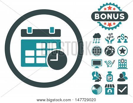 Date and Time icon with bonus elements. Vector illustration style is flat iconic bicolor symbols soft blue colors white background.