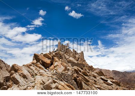 Ruined ancient Shey Palace in Leh Ladakh Jammu and Kashmir state India. Shey Palace complex located on a hillock in Shey 15 kilometres to the south of Leh.