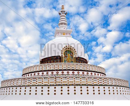 Shanti Stupa (Peace Pagoda) on a hilltop in Chanspa in Leh, Jammu and Kashmir state of India.
