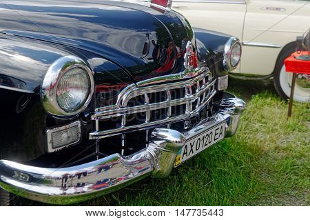 Kharkiv Ukraine - May 22 2016: Close up of Soviet retro car black GAZ-12 (ZIM) manufactured between 1949 and 1959 is presented at the festival of vintage cars Kharkiv Retro Rally - 2016 in Kharkiv Ukraine on May 22 2016