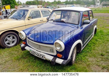 Kharkiv Ukraine - May 22 2016: Retro car blue Trabant 601S manufactured in 1967 is presented at the festival of vintage cars Kharkiv Retro Rally - 2016 in Kharkiv Ukraine on May 22 2016