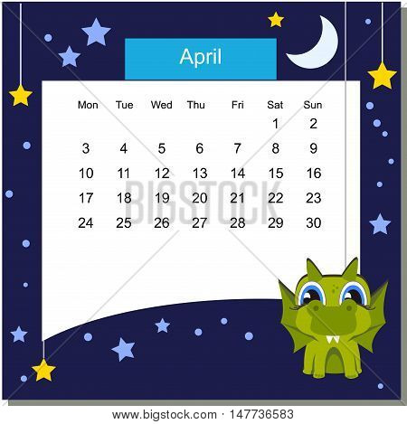 Frame with Dragon. Frames with Cartoon Animals. Cartoon Dragon. Frames are text ready. Calendar 2017. Vector Flat Design Template. April. Week Starts Monday