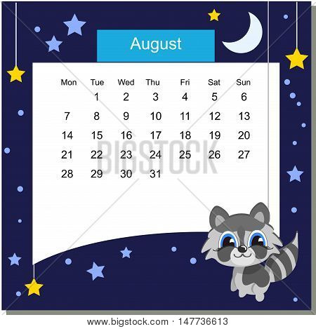 Frame with raccoon. Frames with Cartoon Animals. Cartoon raccoon. Frames are text ready. Calendar 2017. Vector Flat Design Template. April. Week Starts Monday
