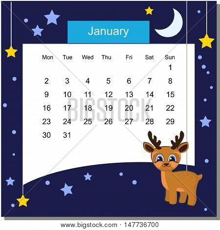 Frame with Deer. Frames with Cartoon Animals. Cartoon Deer. Frames are text ready. Calendar 2017. Vector Flat Design Template. January. Week Starts Monday