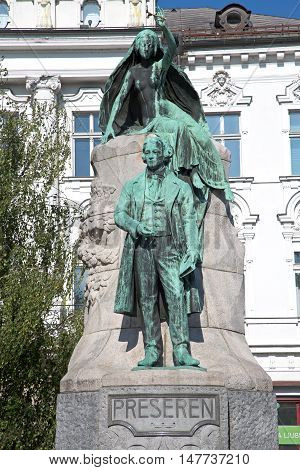 Ljubljana Slovenia Aug 25 2016: The Preseren Monument in Ljubljana is a late Historicist bronze statue of the Slovene national poet France Preseren