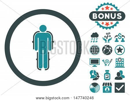 Exoskeleton icon with bonus design elements. Vector illustration style is flat iconic bicolor symbols, soft blue colors, white background.