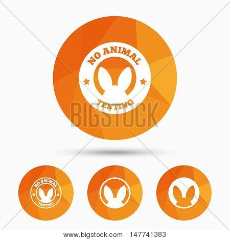 No animals testing icons. Non-human experiments signs symbols. Triangular low poly buttons with shadow. Vector