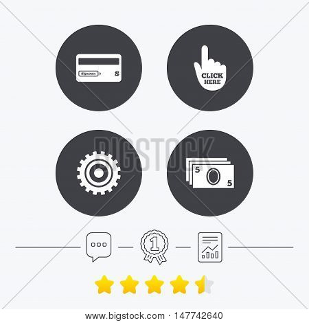 ATM cash machine withdrawal icons. Insert bank card, click here and check PIN, processing and get cash symbols. Chat, award medal and report linear icons. Star vote ranking. Vector