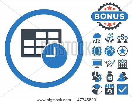 Date and Time icon with bonus design elements. Vector illustration style is flat iconic bicolor symbols, smooth blue colors, white background.