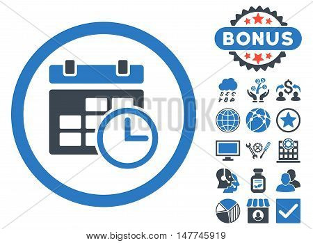 Date and Time icon with bonus pictogram. Vector illustration style is flat iconic bicolor symbols, smooth blue colors, white background.