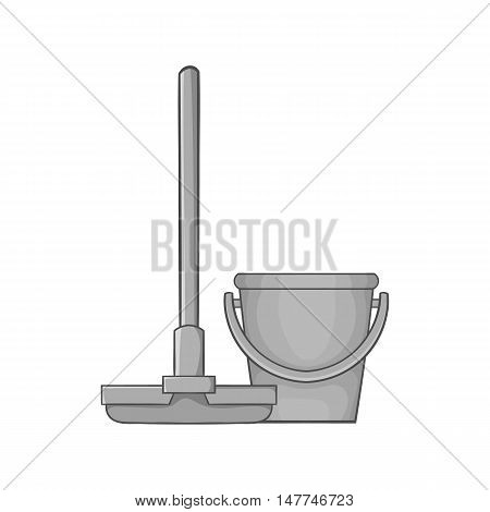 Mop and bucket icon in black monochrome style isolated on white background. Cleaning symbol vector illustration