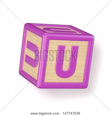 Letter U Wooden Alphabet Blocks Font Rotated. 3D