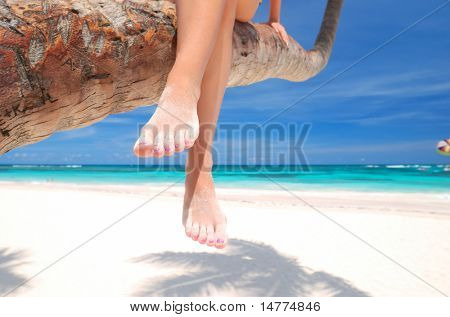 Kvinde på palm på caribisk strand