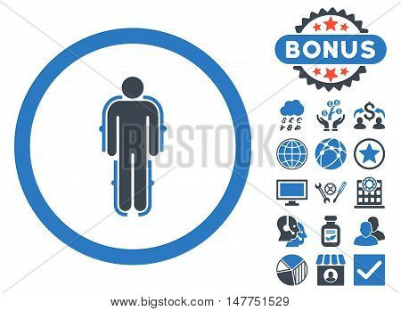 Exoskeleton icon with bonus images. Vector illustration style is flat iconic bicolor symbols, smooth blue colors, white background.