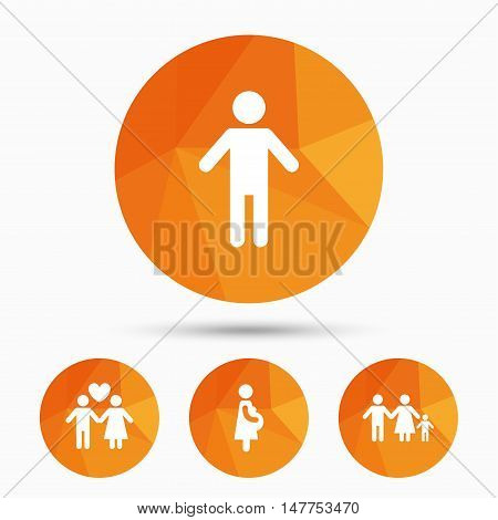 Family lifetime icons. Couple love, pregnancy and birth of a child symbols. Human male person sign. Triangular low poly buttons with shadow. Vector