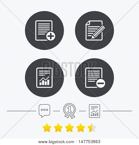 File document icons. Document with chart or graph symbol. Edit content with pencil sign. Add file. Chat, award medal and report linear icons. Star vote ranking. Vector