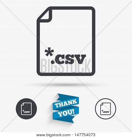 File document icon. Download tabular data file button. CSV file extension symbol. Flat icons. Buttons with icons. Thank you ribbon. Vector