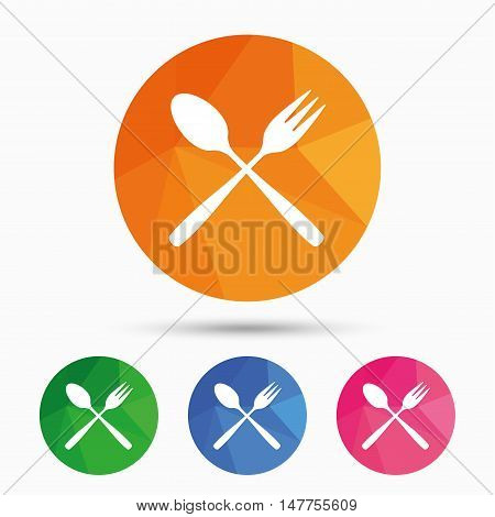 Eat sign icon. Cutlery symbol. Dessert fork and teaspoon crosswise. Triangular low poly button with flat icon. Vector