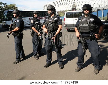 NEW YORK - AUGUST 30, 2016: NYPD counter terrorism officers providing security at National Tennis Center during US Open 2016 in New York