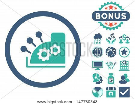 Cash Register icon with bonus pictures. Vector illustration style is flat iconic bicolor symbols, cobalt and cyan colors, white background.