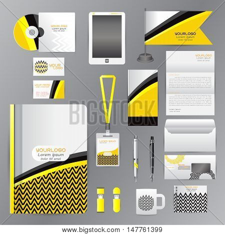 White corporate identity template with Yellow origami elements. Vector company style for brandbook guideline and Pens mugs CDs books business cards letterhead flag Card Portfolio employees Tablet flash drive