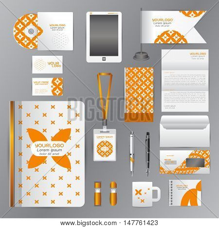 White corporate identity template with Orange origami elements. Vector company style for brandbook guideline and Pens mugs CDs books business cards letterhead flag Card Portfolio employees Tablet flash drive